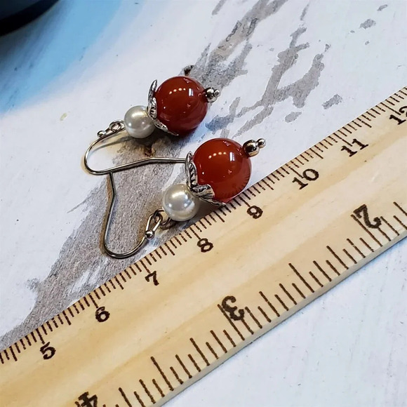 Handcrafted Red Carnelian Gemstone White Faux Pearl Silver Dangle Earrings - Picture 9 of 9